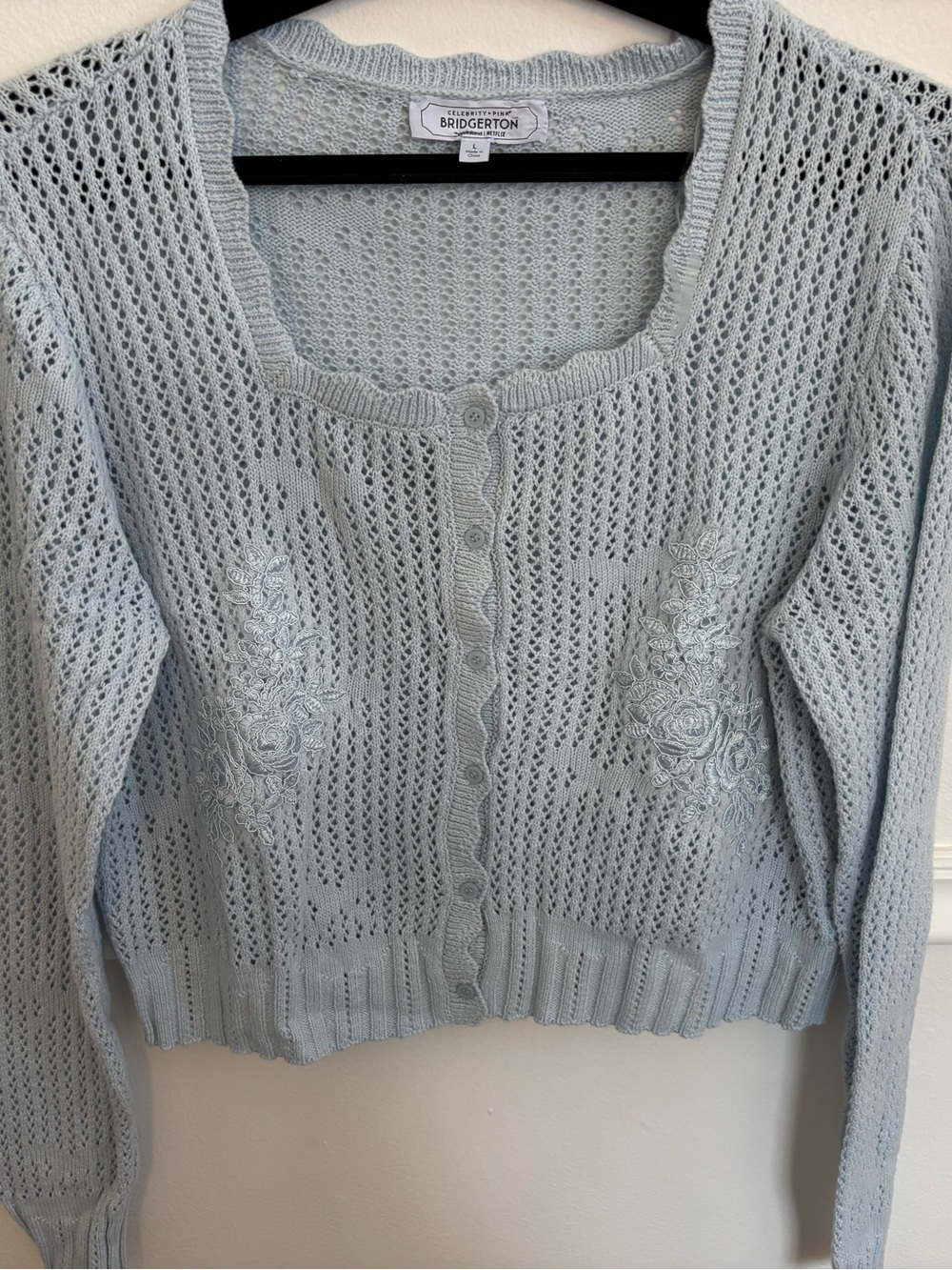 Bridgerton Pale Blue Openwork Knit Cardigan with Floral Embroidery